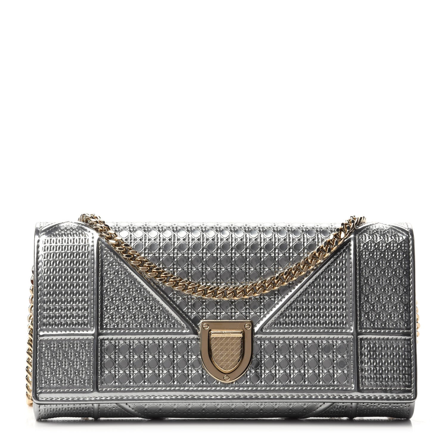 Christian Dior Metallic Patent Micro-Cannage Diorama Croisiere Chain Wallet Silver 1 of 11