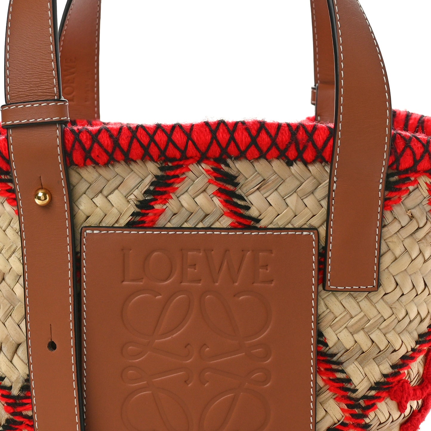 Embroidered Raffia Basket Tote Bag Natural Tan Red