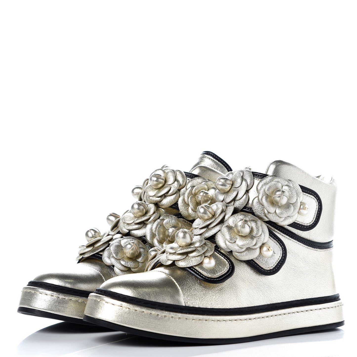 Metallic Lambskin Camellia High Top Sneakers 39 Gold
