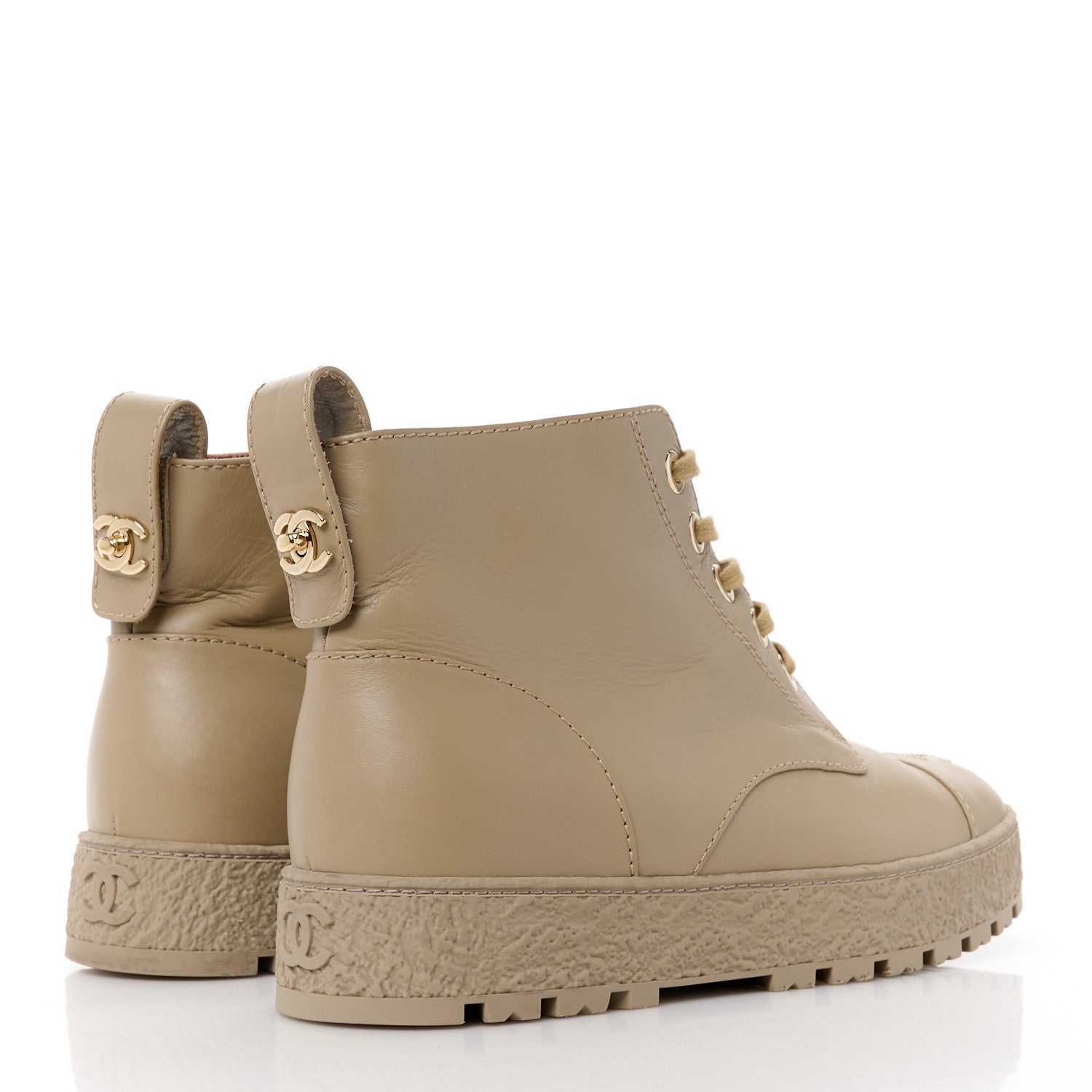 Chanel Calfskin CC Turnlock Lace Up Boots 39.5 Beige 4 of 11