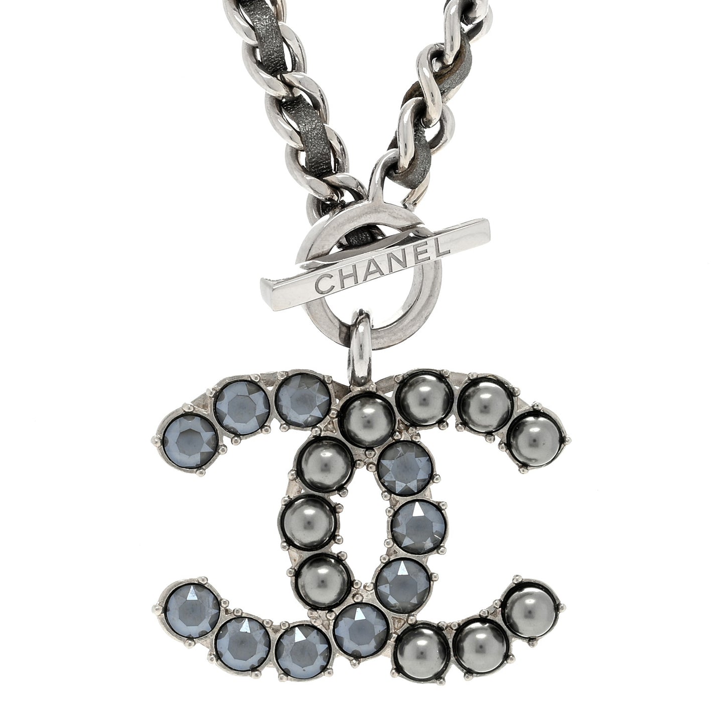 Crystal Pearl Short CC Necklace Silver Ruthenium