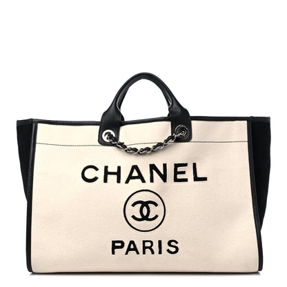 Chanel Wool Felt Calfskin Large Deauville Tote White Black 1 of 12