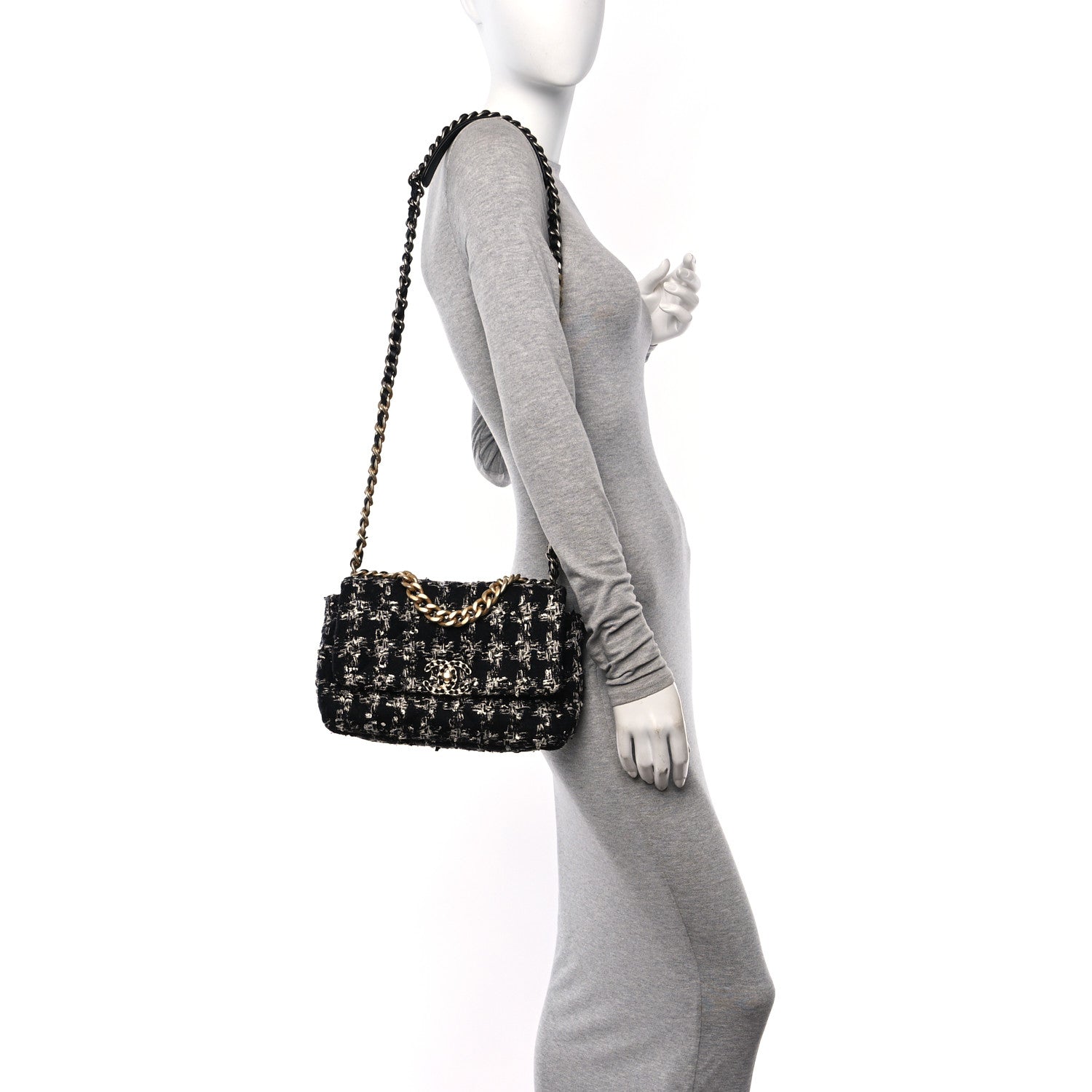 Chanel Tweed Quilted Medium Chanel 19 Flap Black Silver Ecru 2 of 10