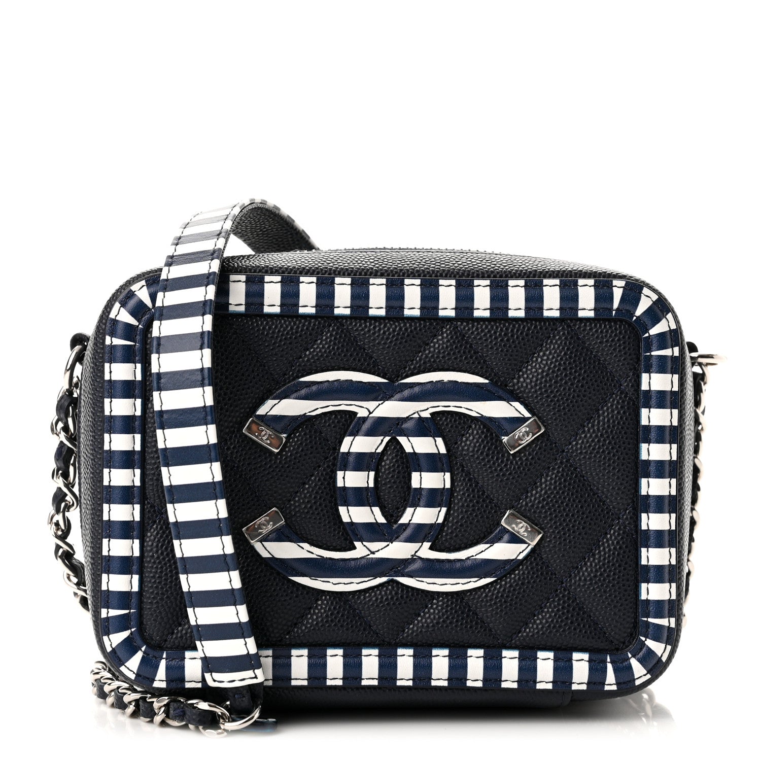 Chanel Caviar Quilted Striped Filigree Vanity Clutch With Chain Navy White 1 of 10
