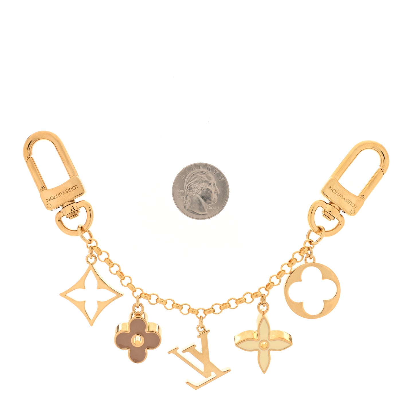 Brass Enamel Fleur De Monogram Bag Charm Chain Gold