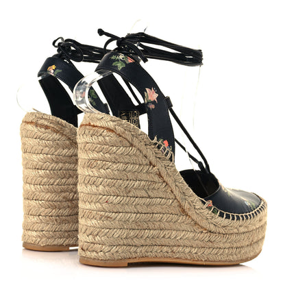 Saint Laurent Floral Print Espadrille Lace-Up Wedges 37 Black 4 of 10