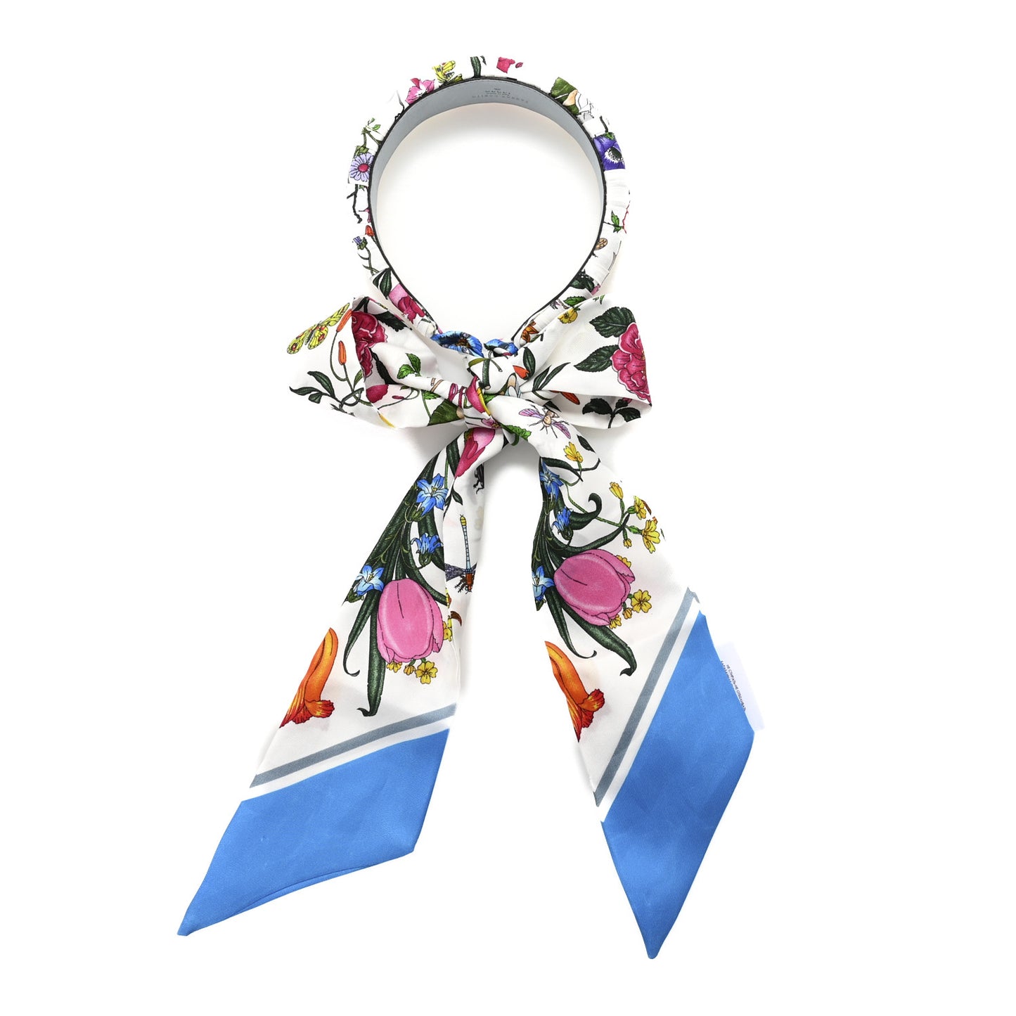 Silk Floral Print Twill Headband White Blue Multicolor