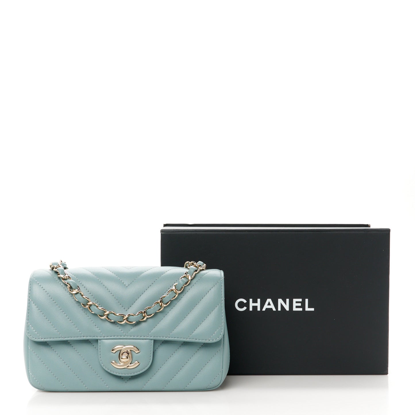 Lambskin Chevron Quilted Mini Rectangular Flap Light Blue
