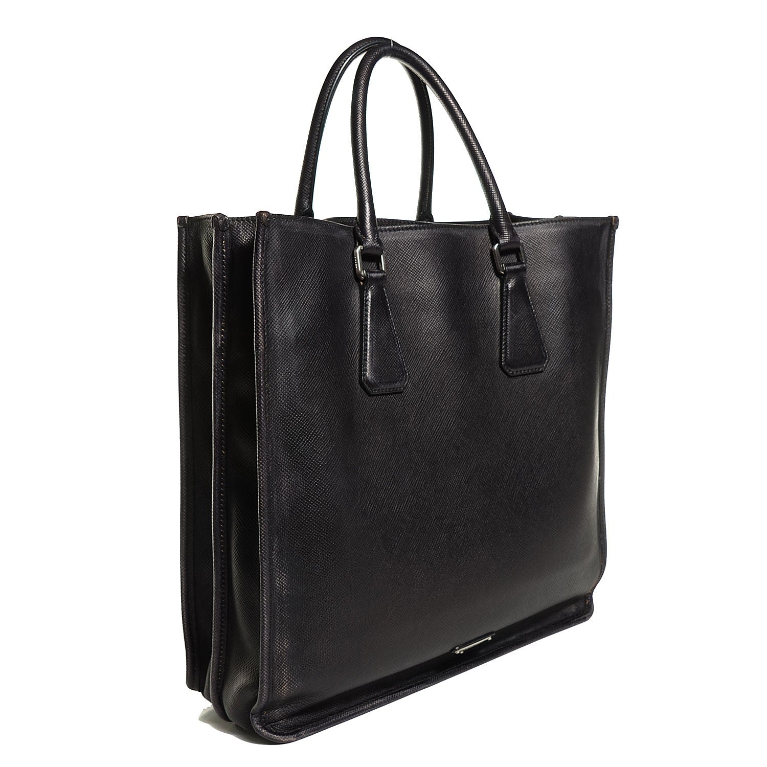 Prada Distressed Saffiano Cuir Double Handle Shopping Tote Black 3 of 10