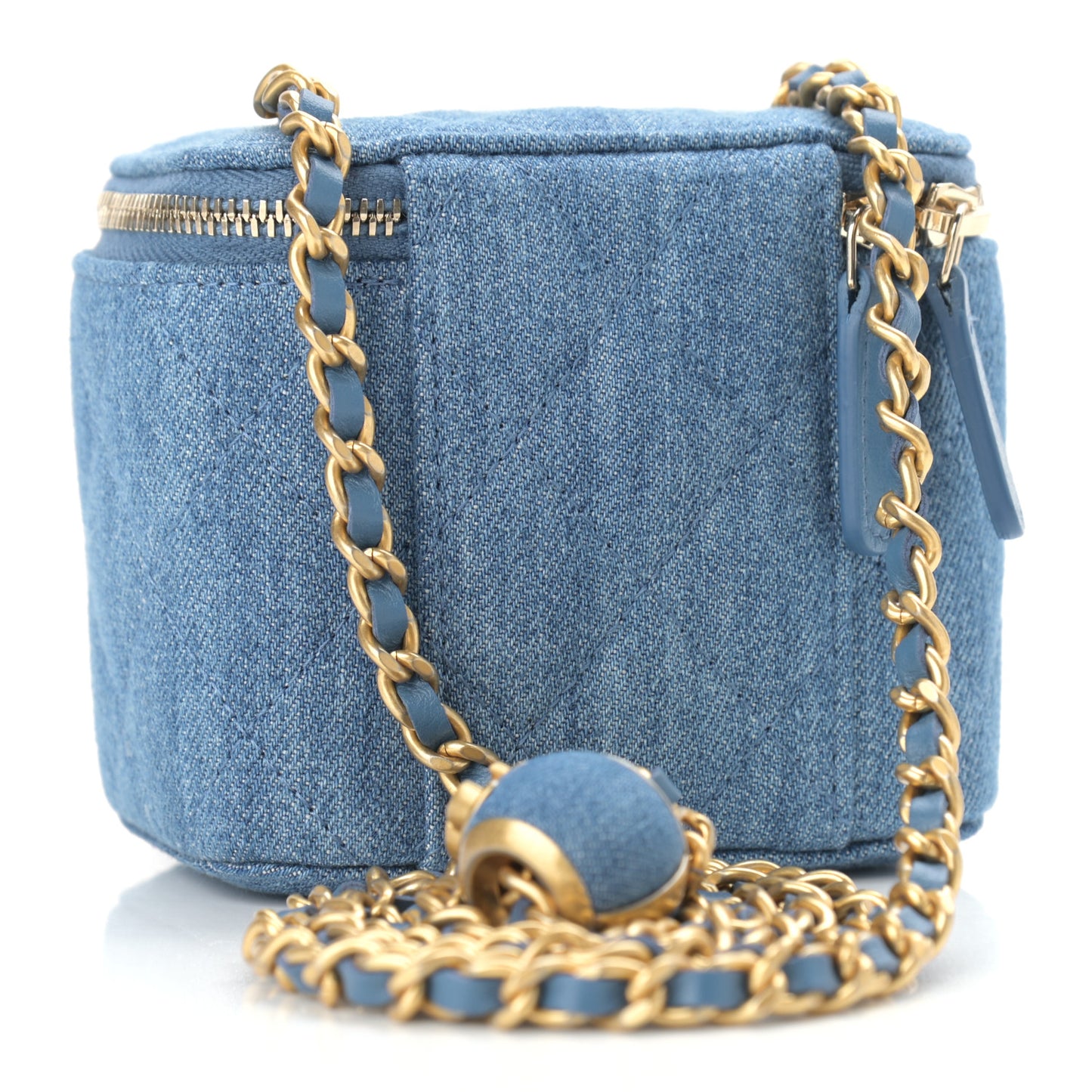 Denim Quilted Mini Pearl Crush Vanity Case With Chain