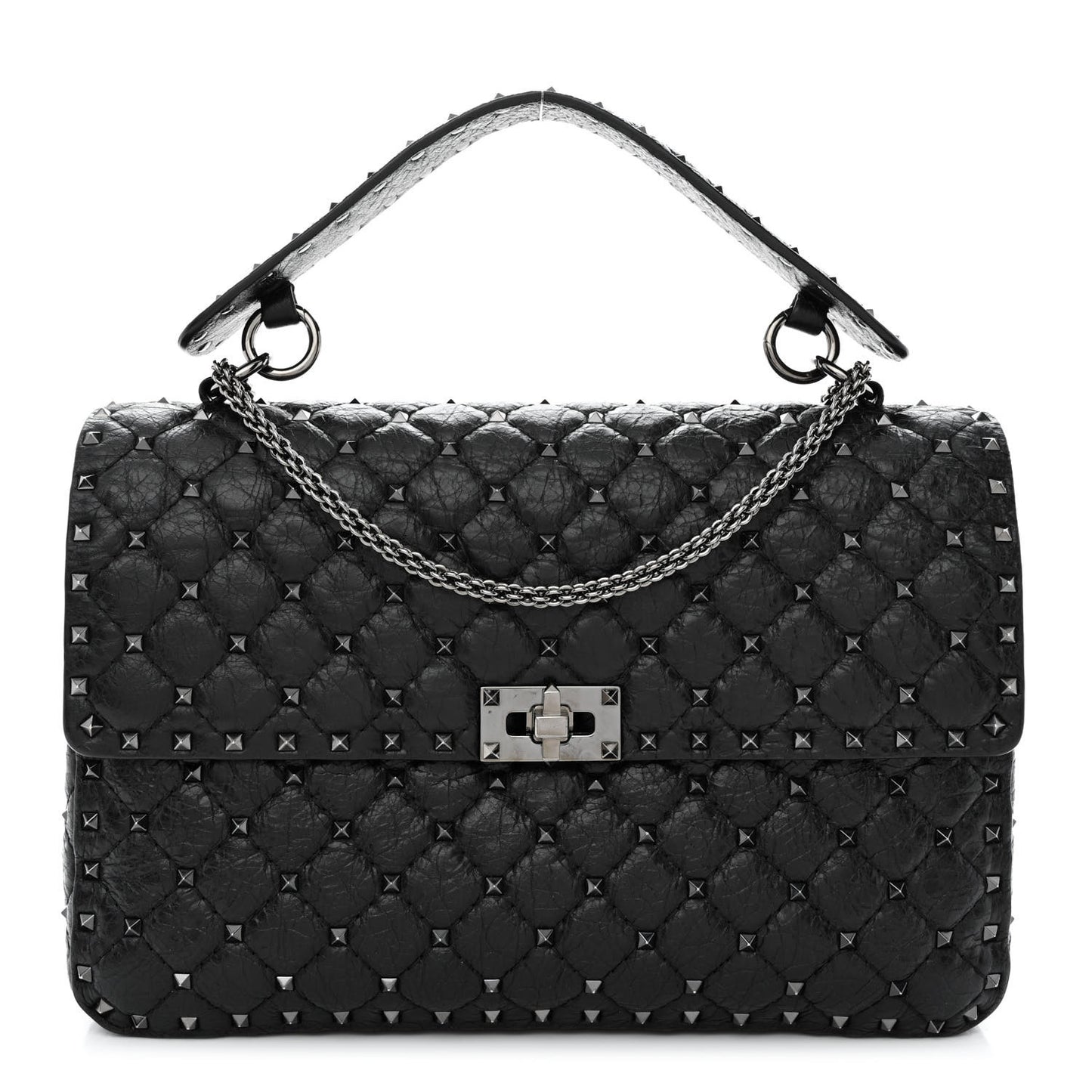 Craquele Nappa Large Rockstud Spike Shoulder Bag Black