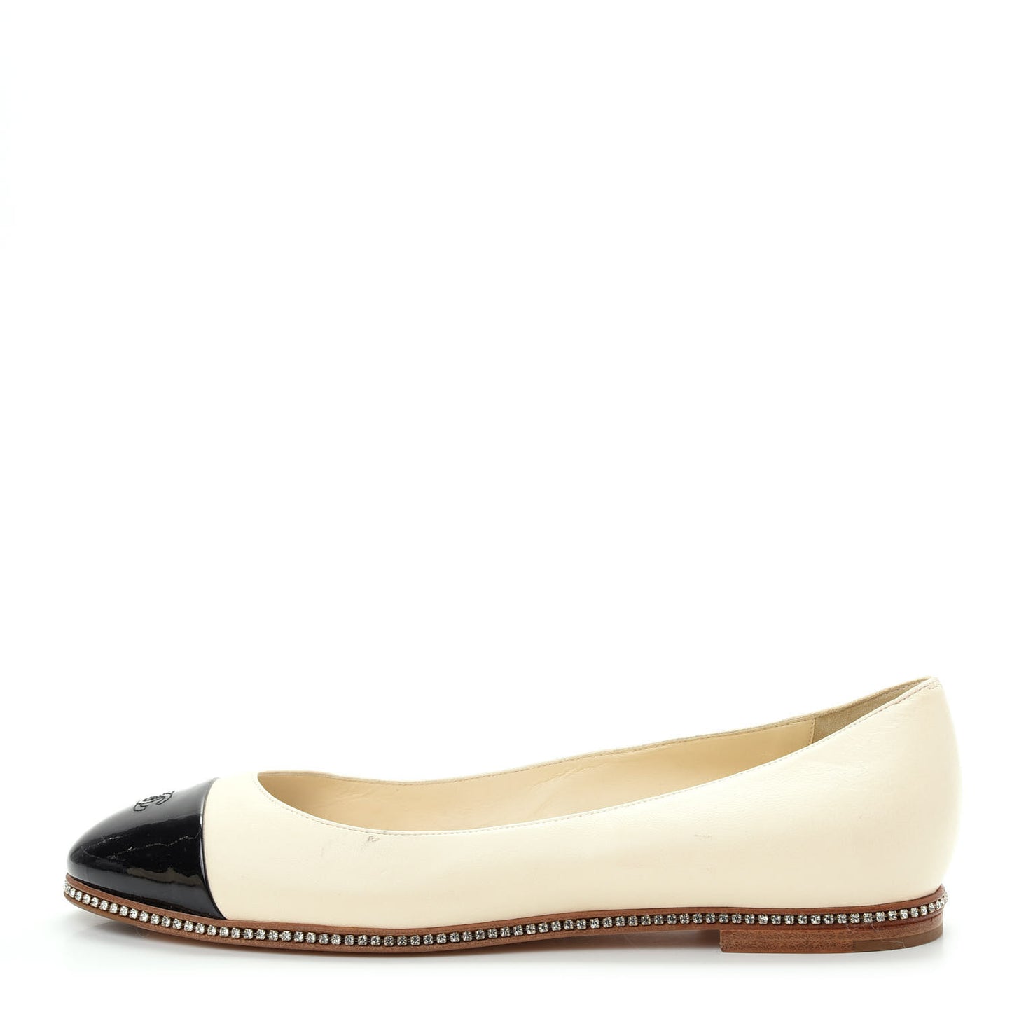 Patent Lambskin Crystal CC Cap Toe Ballerina Flats 39 Beige Black