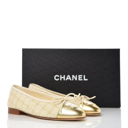 Chanel Tweed Metallic Lambskin CC Cap Toe Ballerina Flats 36 Beige Gold 10 of 10