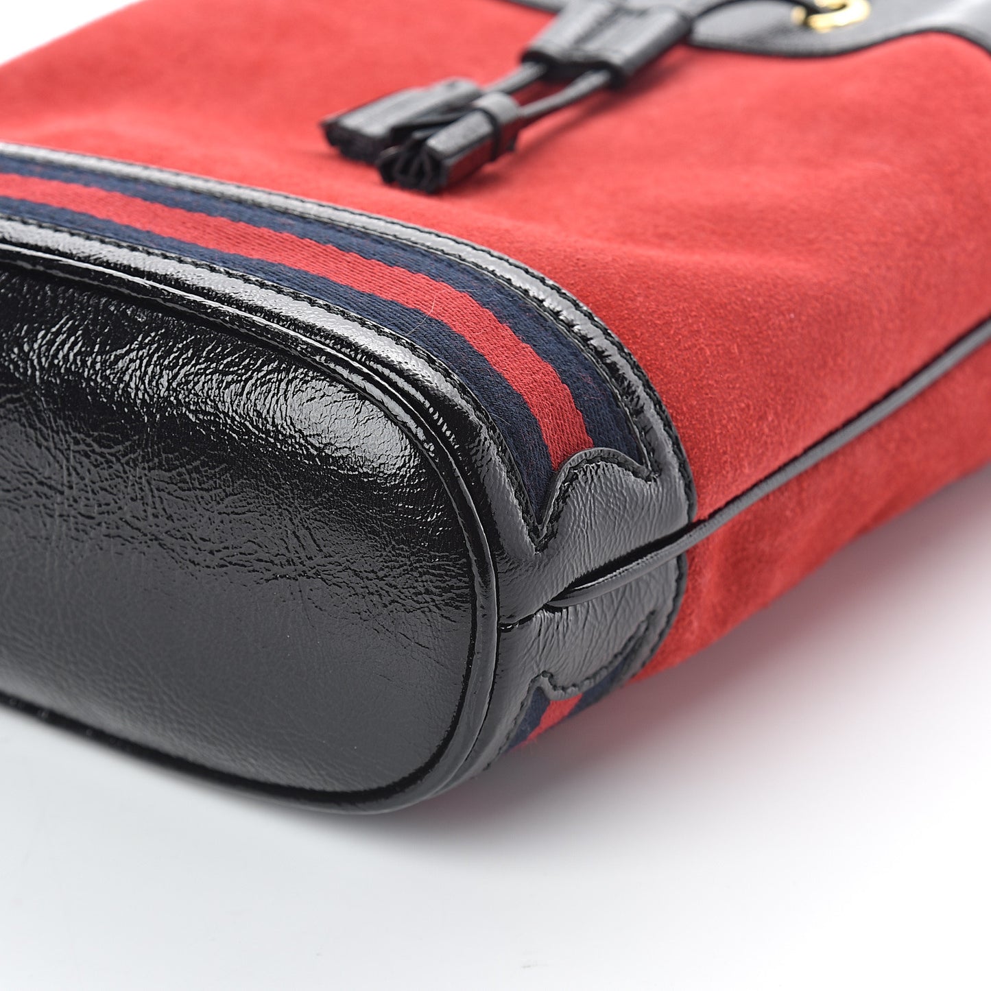 Suede Patent Web Small Ophidia Bucket Bag Hibiscus Red Black