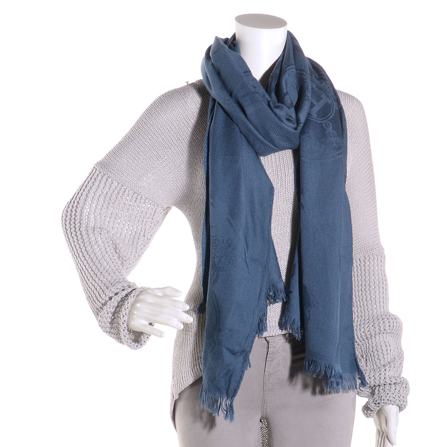 Hermes Cashmere Silk New Libris Stole Bleu Denim 2 of 6