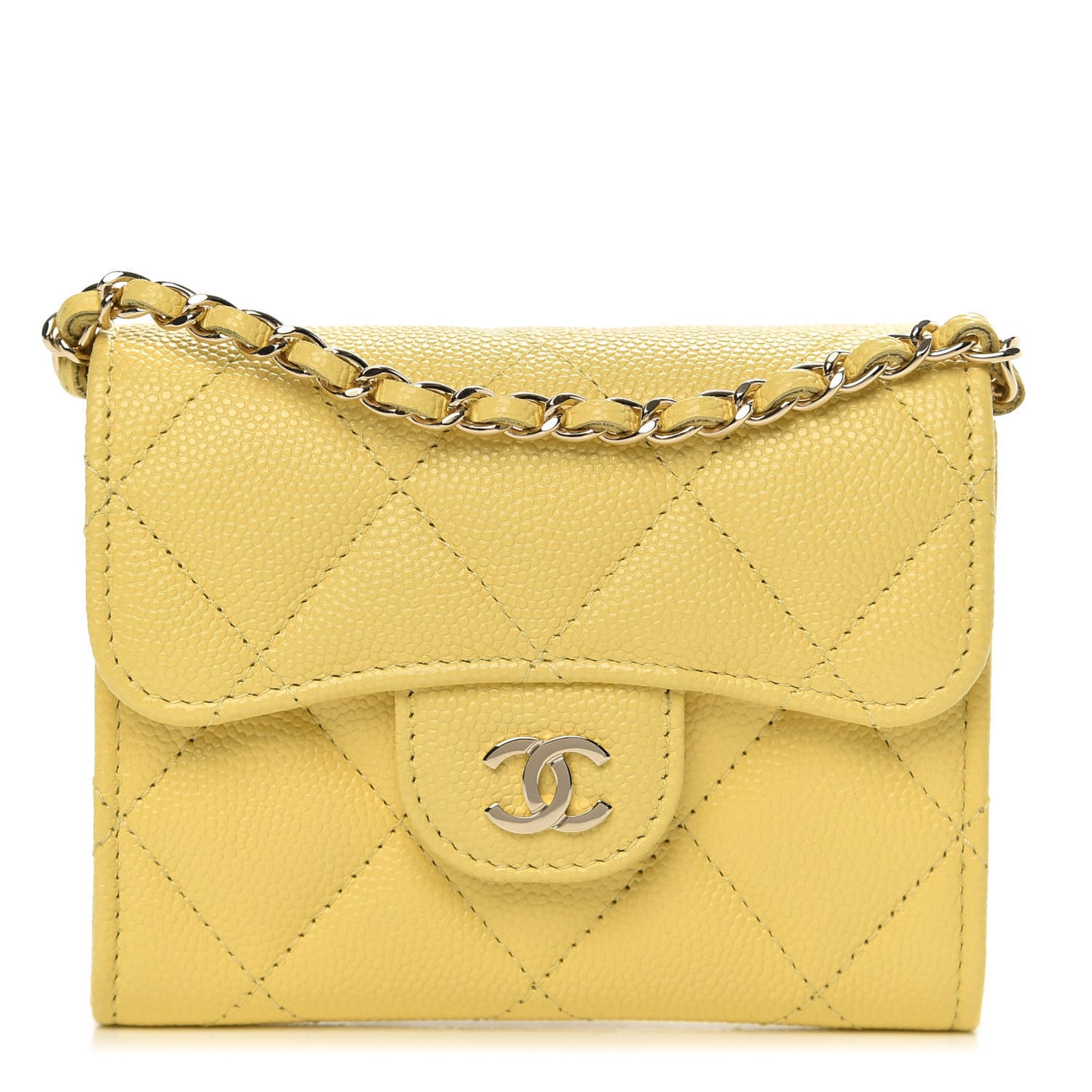 Caviar Quilted Flap Card Holder On Chain Yellow