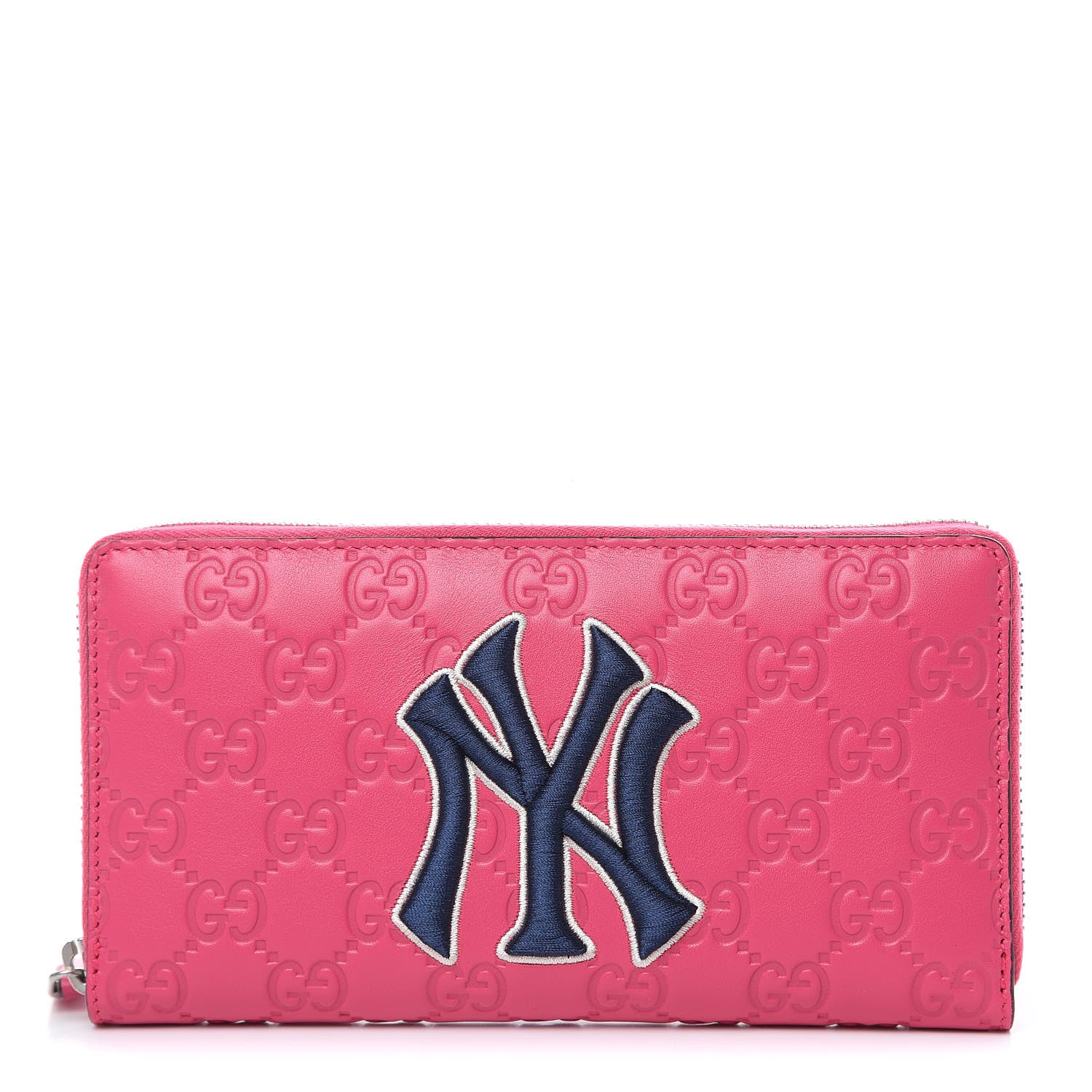 Gucci X MLB Guccissima Signature NY Yankees Embroidered Zip Around Wallet Box Pink Blue Ivory 1 of 10