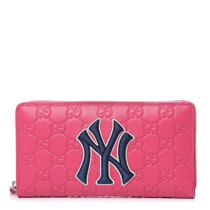 Gucci X MLB Guccissima Signature NY Yankees Embroidered Zip Around Wallet Box Pink Blue Ivory 1 of 10