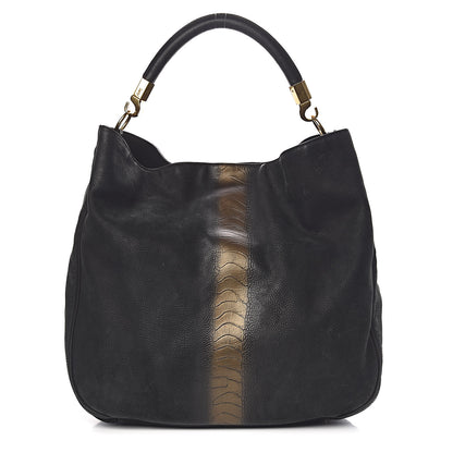 Saint Laurent Nubuck Crocodile Embossed Large Roady Hobo Black Gold 1 of 12