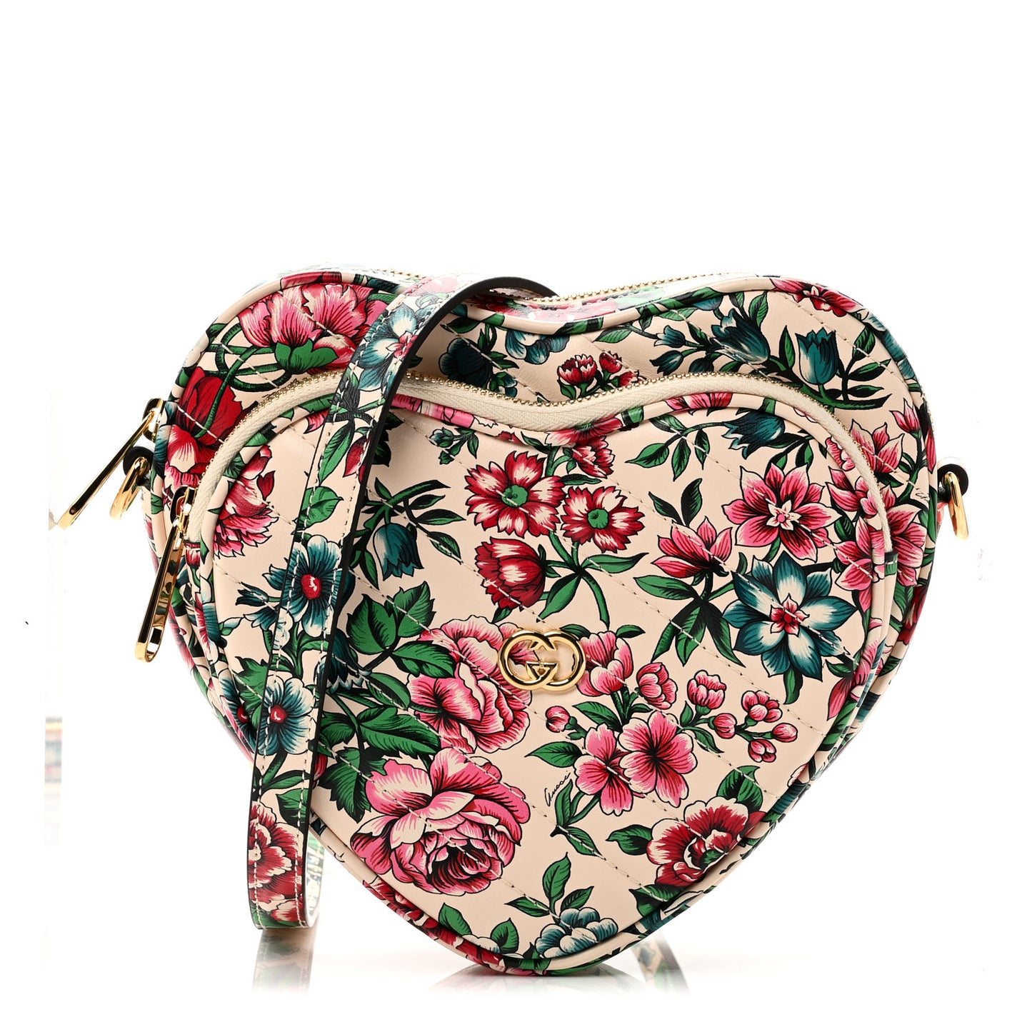 Calfskin Matelasse Diagonal Brit Roses Print Mini Interlocking G Heart Shoulder Bag  White Multicolor