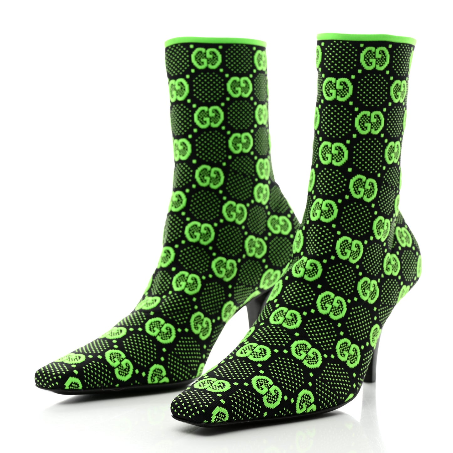Technical Jersey Knit GG Monogram Square G 75mm Ankle Boots 37.5 Black Neon Green