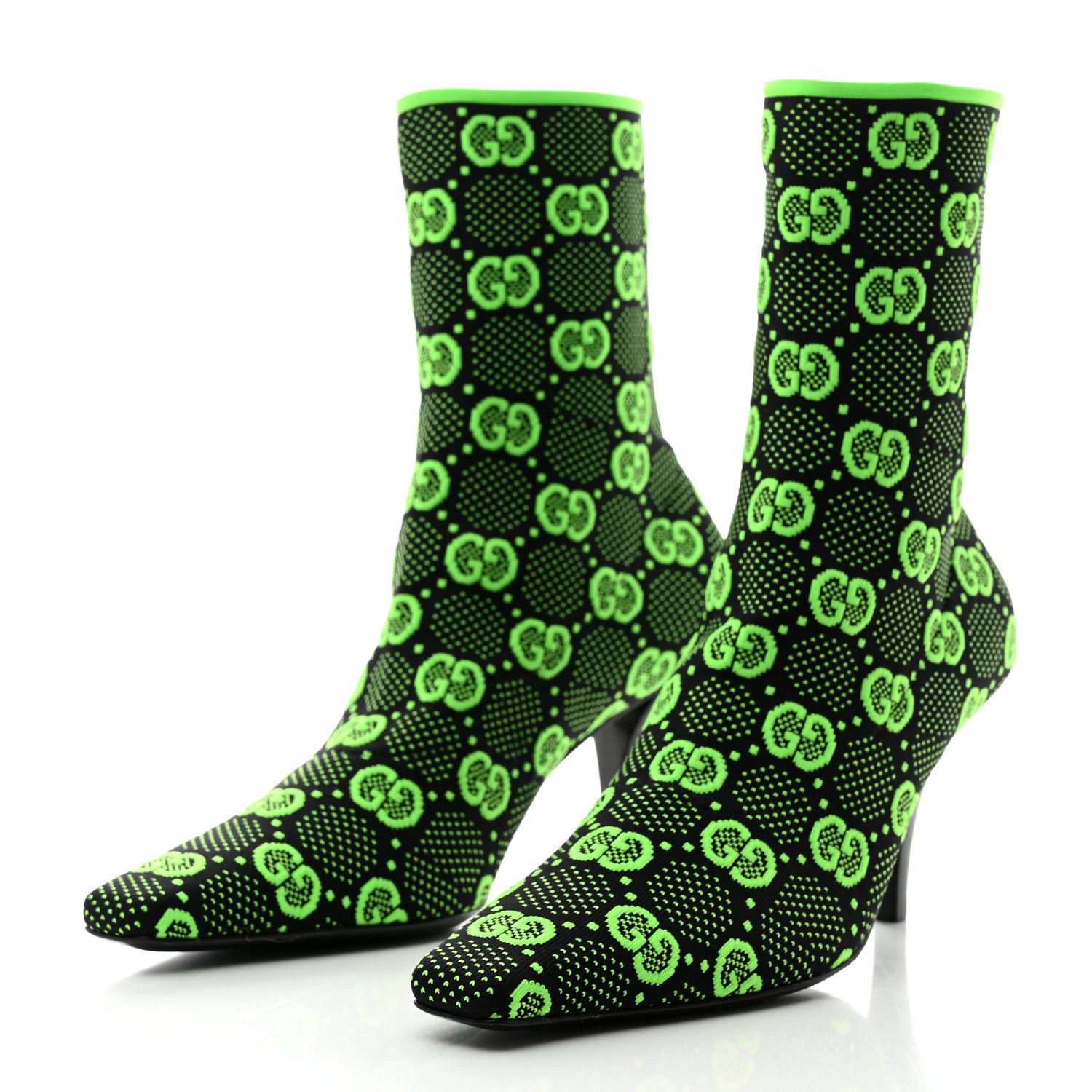 Gucci Technical Jersey Knit GG Monogram Square G 75mm Ankle Boots 37.5 Black Neon Green 3 of 8