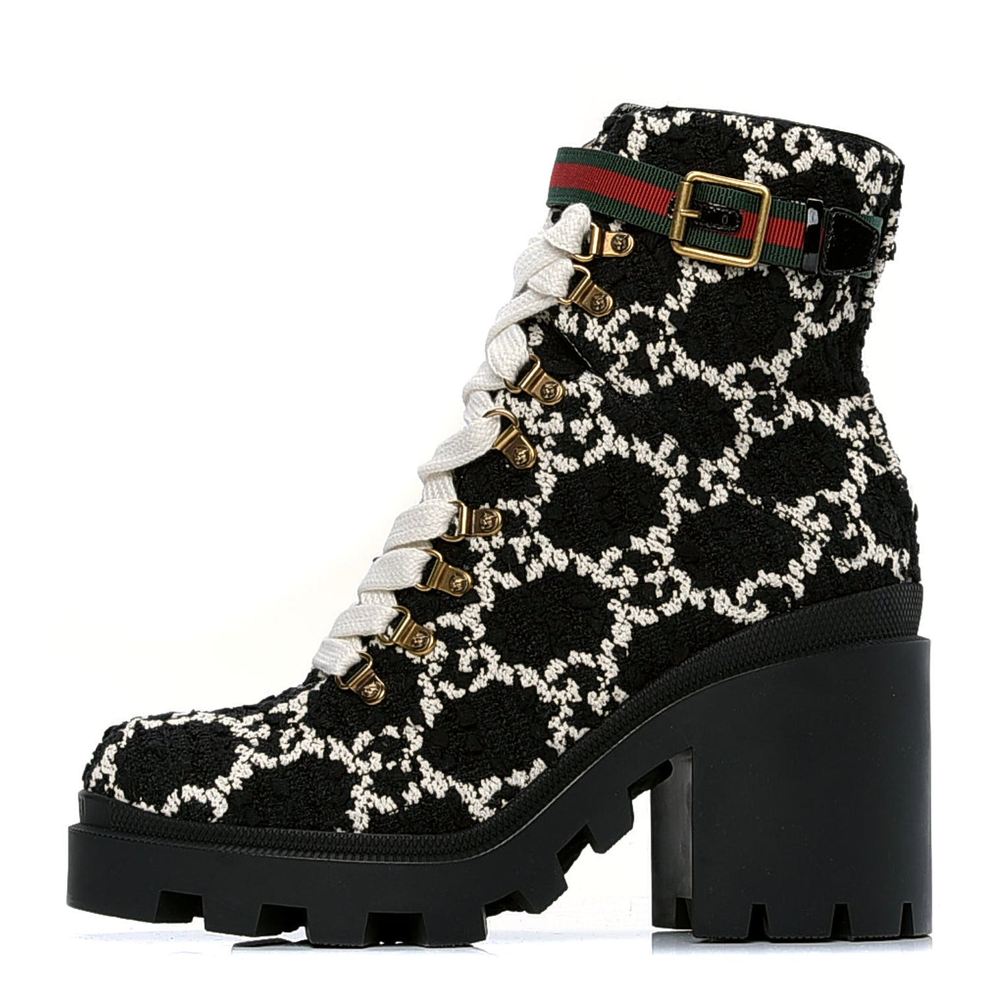 Tweed GG Monogram Lace Up Combat Ankle Boots 41 Black