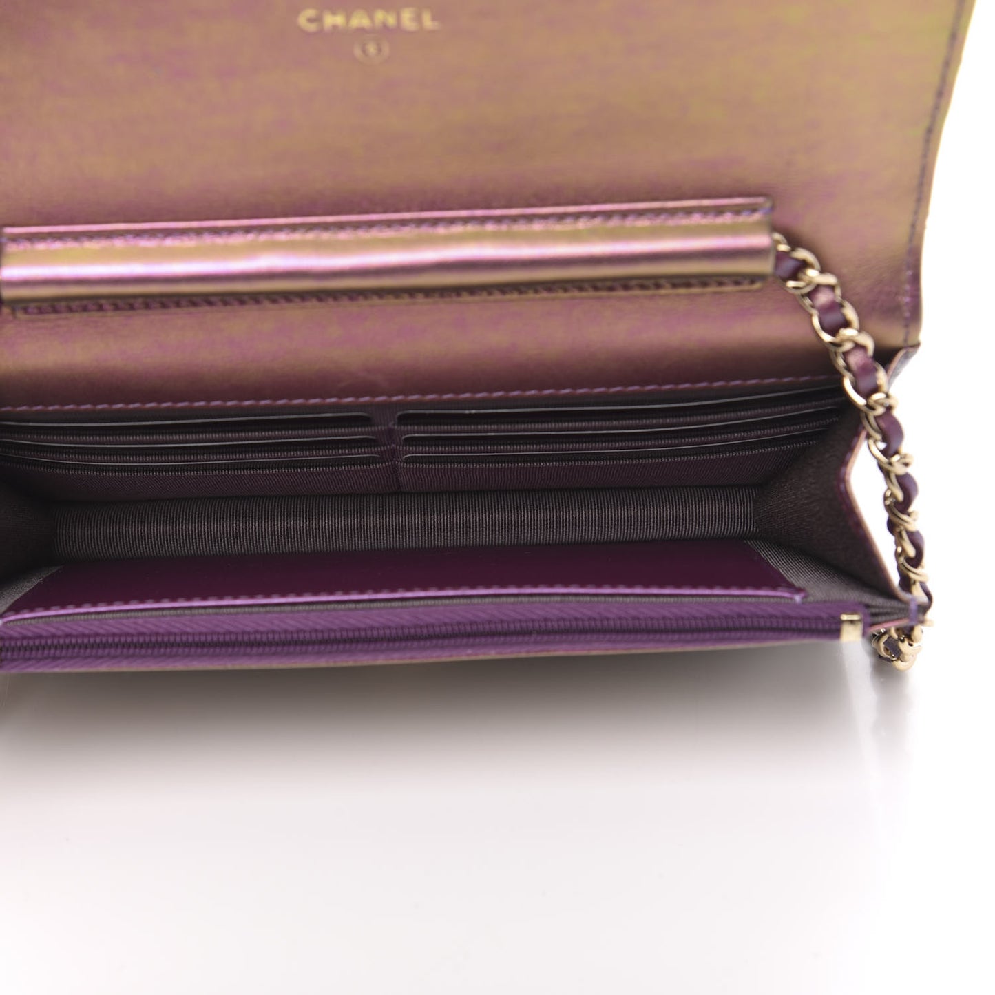 Iridescent Lambskin Quilted Wallet On Chain WOC Purple