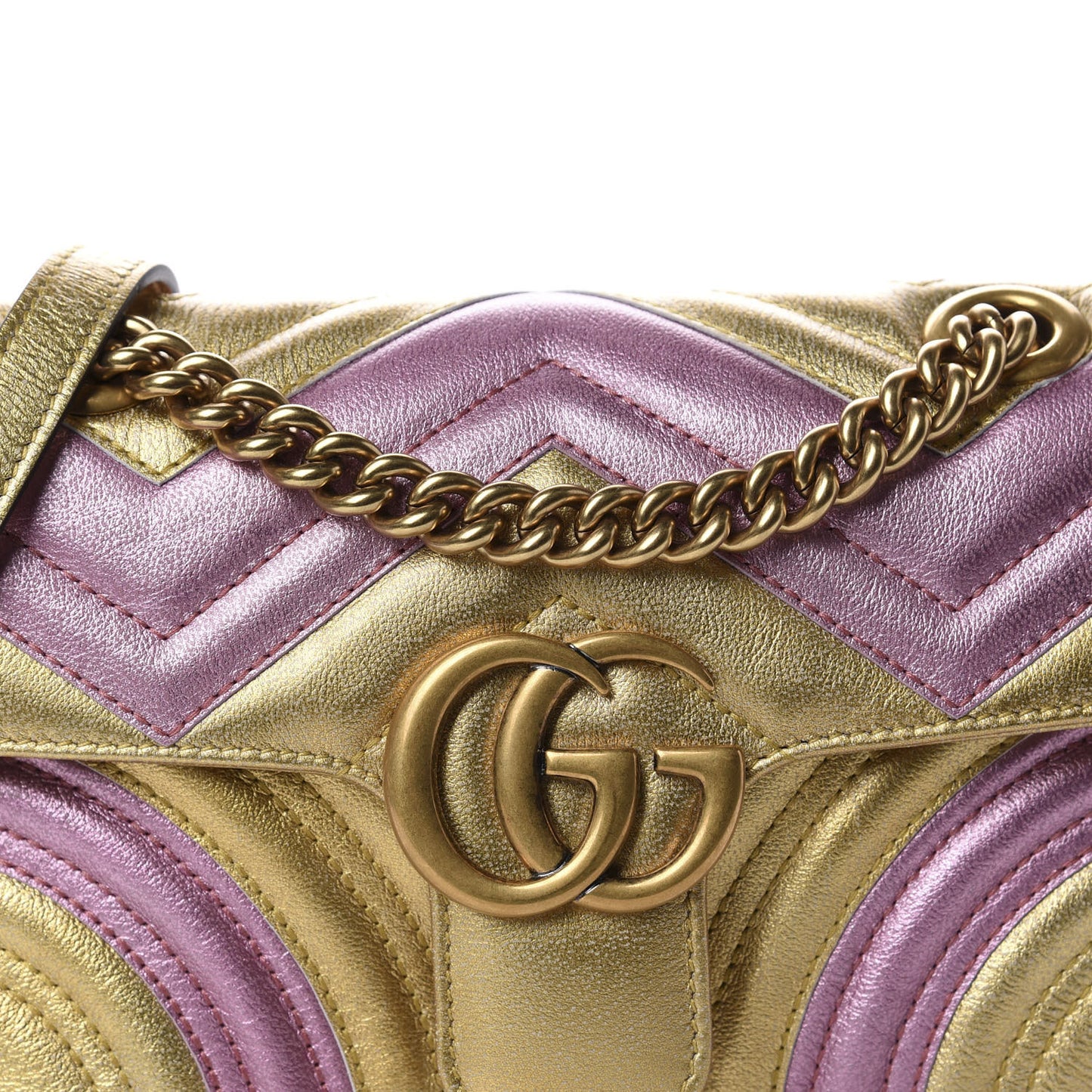 Metallic Calfskin Matelasse Mini GG Marmont Shoulder Bag Gold Pink