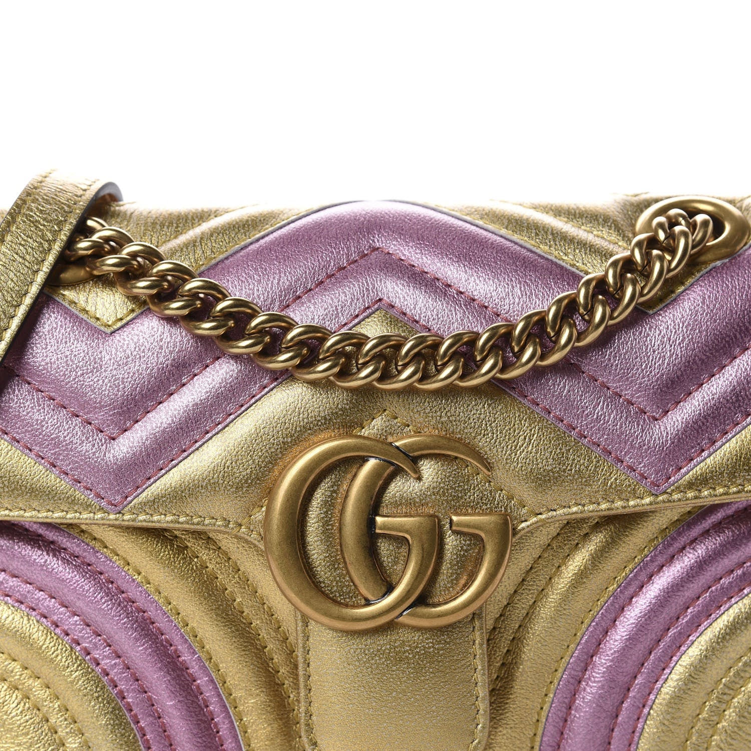 Gucci Metallic Calfskin Matelasse Mini GG Marmont Shoulder Bag Gold Pink 10 of 10