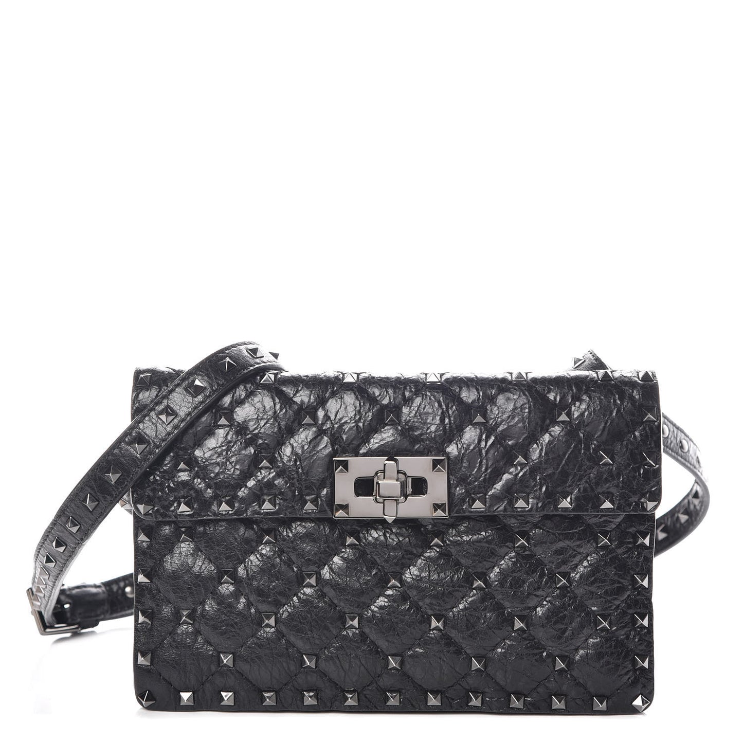 Craquele Nappa Rockstud Spike Crossbody Bag Black