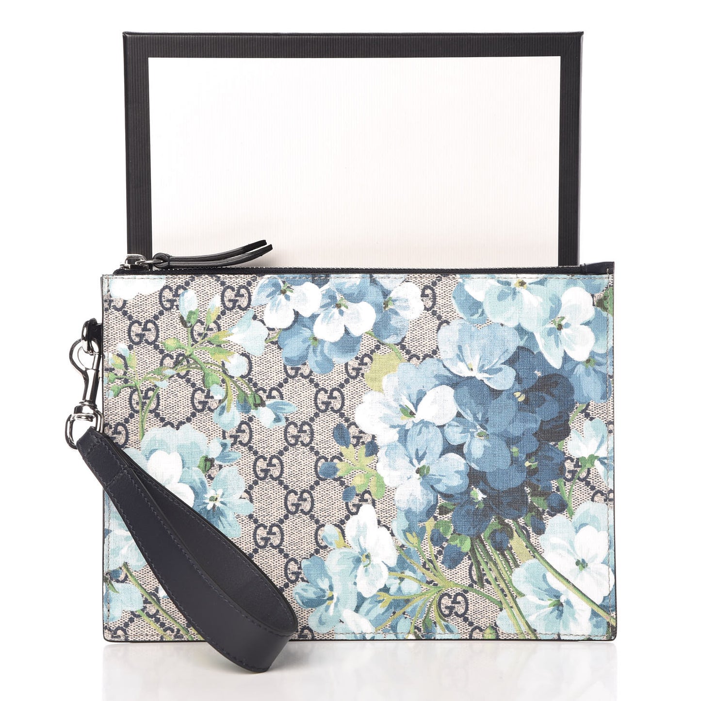 GG Supreme Monogram Blooms Small Zip Wristlet Pouch Beige Blue Black
