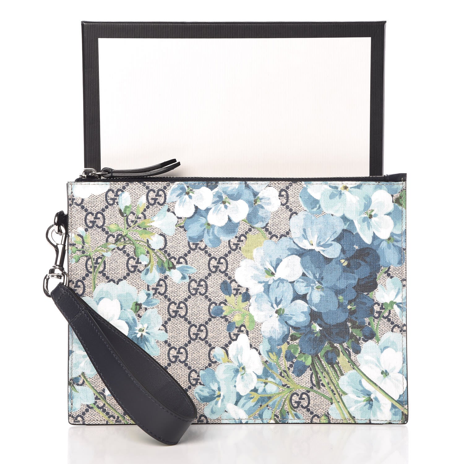 Gucci GG Supreme Monogram Blooms Small Zip Wristlet Pouch Beige Blue Black 6 of 6