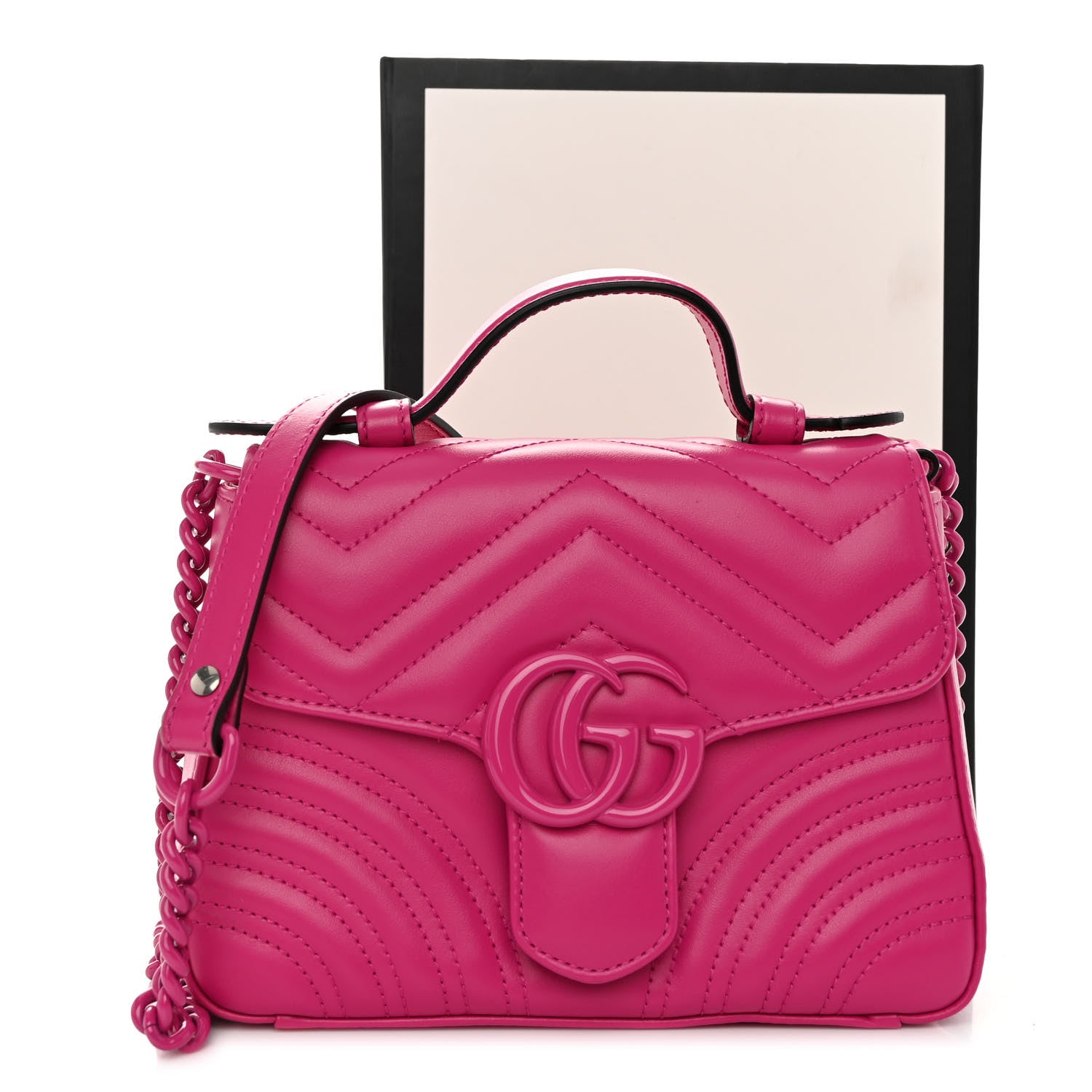 Gucci Calfskin Matelasse Monochrome Mini GG Marmont Top Handle Shoulder Bag Classic Fuxia 10 of 10