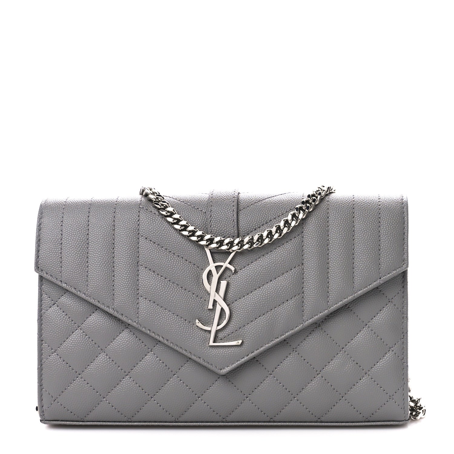 Saint Laurent Grain De Poudre Tri-Quilt Monogram Chain Wallet Fog 1 of 10