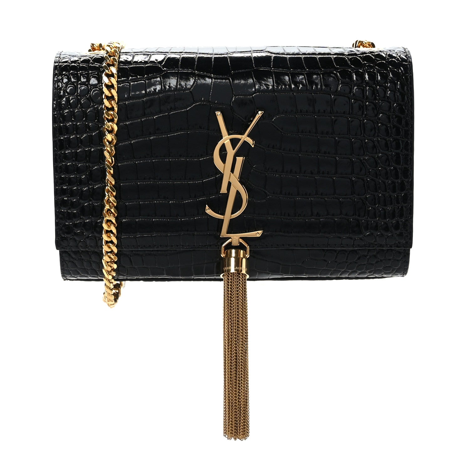 Saint Laurent Calfskin Crocodile Embossed Small Classic Monogram Kate Tassel Satchel Black 1 of 9