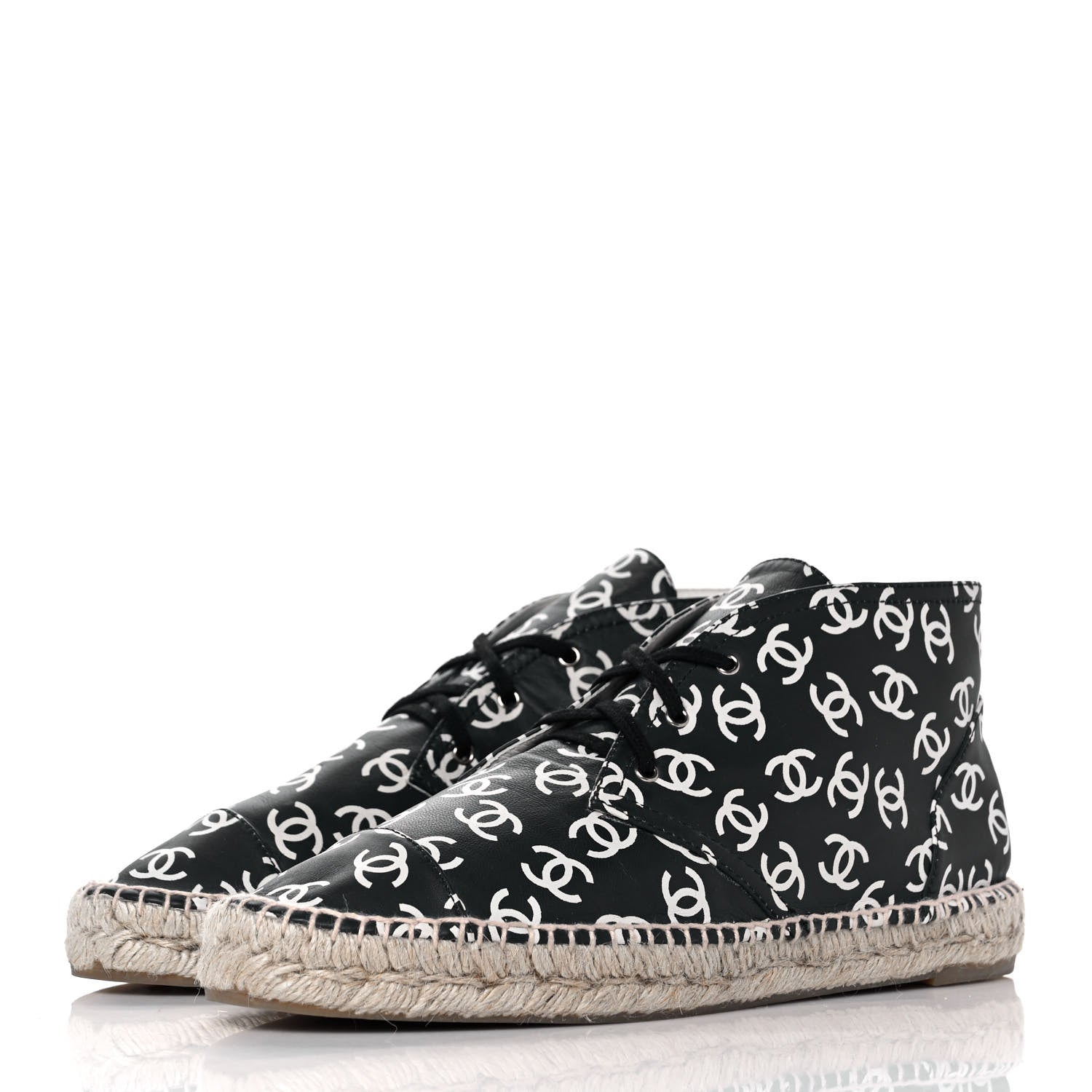 Chanel Lambskin Printed CC Lace Up Espadrilles 42 Black White 3 of 10