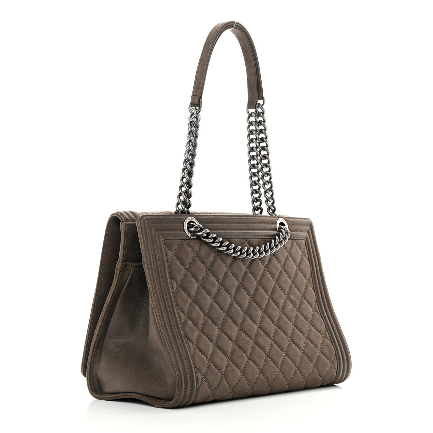 Iridescent Calfskin Stitched Large Boy Shopping Tote Dark Khaki