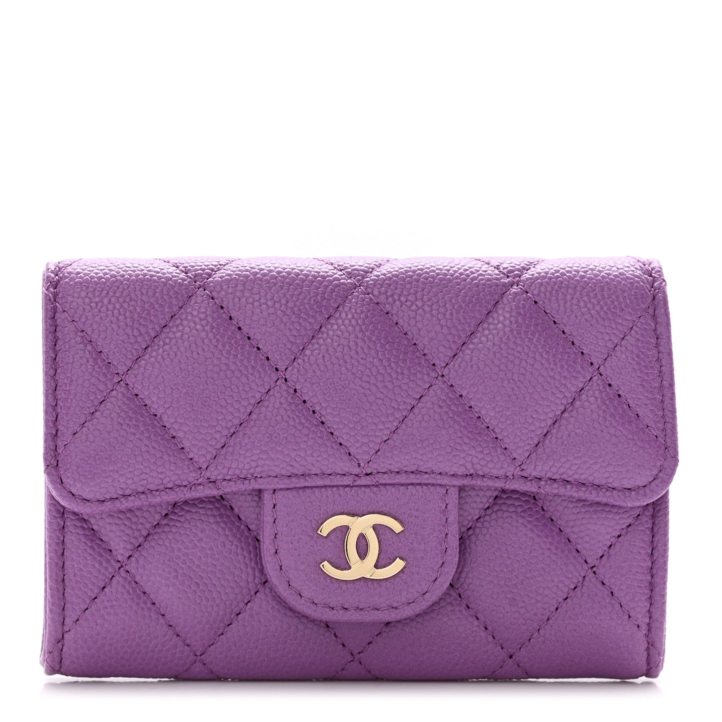 Caviar Quilted Flap Card Holder Wallet Purple