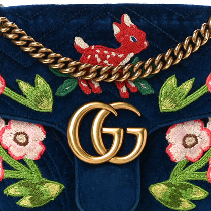 Gucci Velvet Matelasse Deer Embroidered Small GG Marmont Shoulder Bag Cobalt 9 of 13