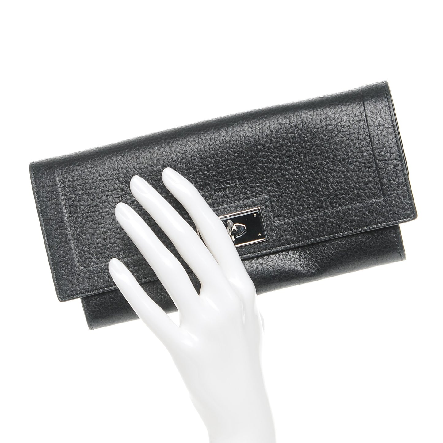 Grained Calfskin Shark Lock Long Flap Wallet Black