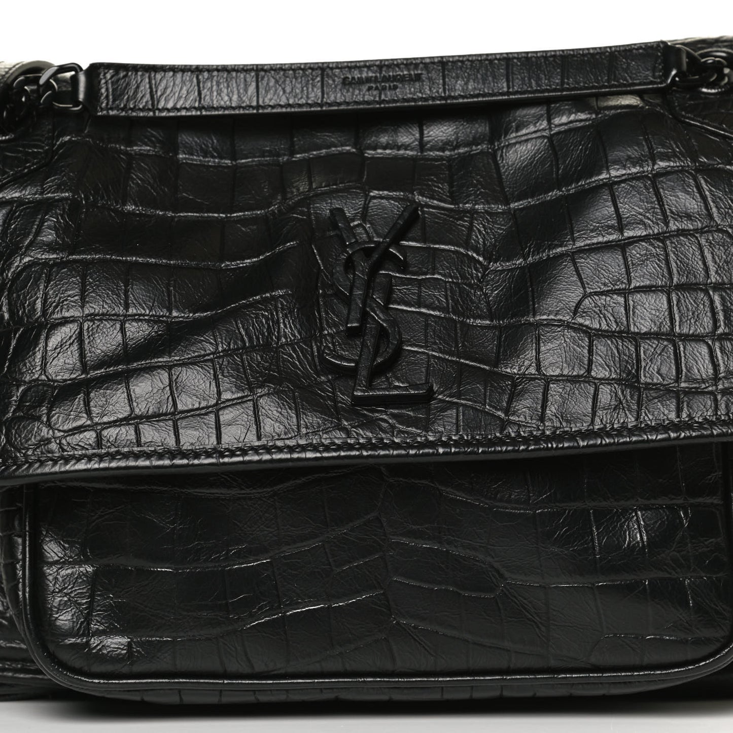 Crocodile Embossed Lambskin Monogram Medium Niki Chain Satchel Black