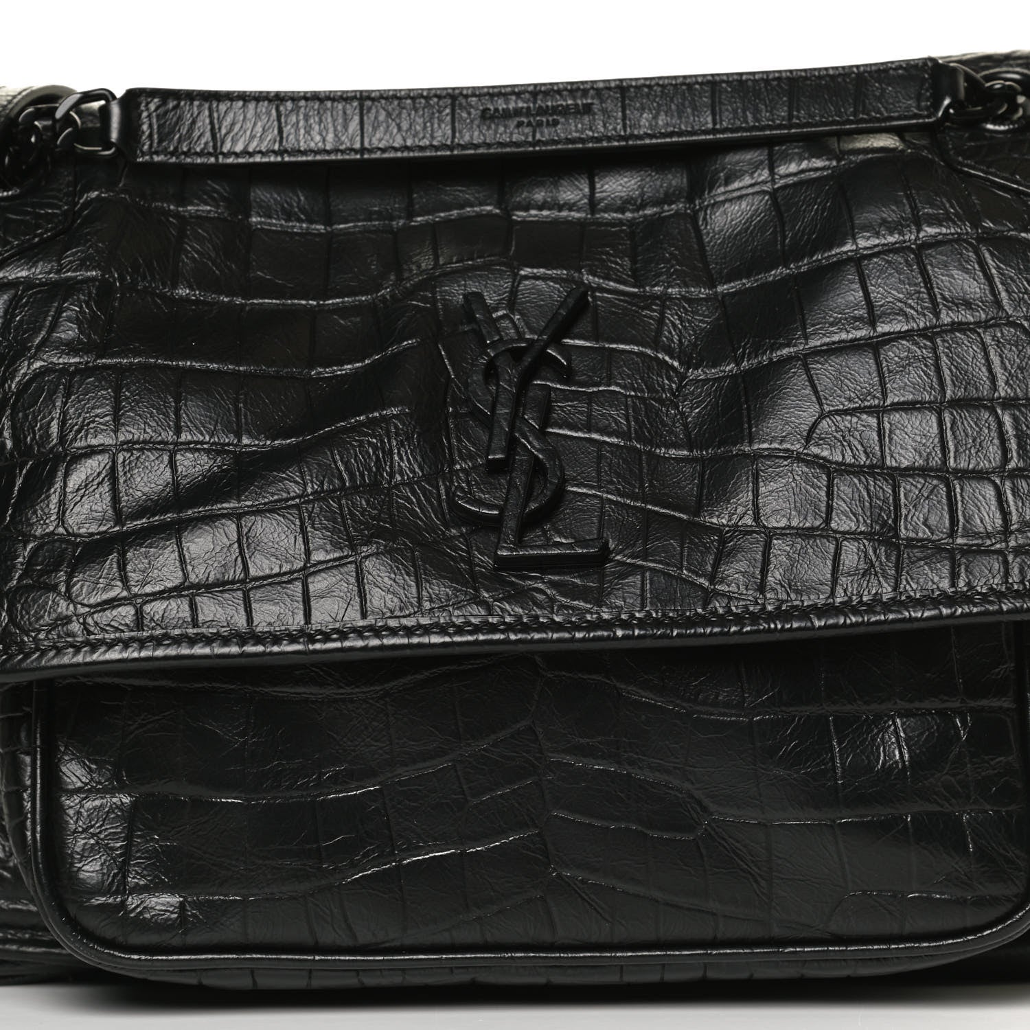 Saint Laurent Crocodile Embossed Lambskin Monogram Medium Niki Chain Satchel Black 9 of 11