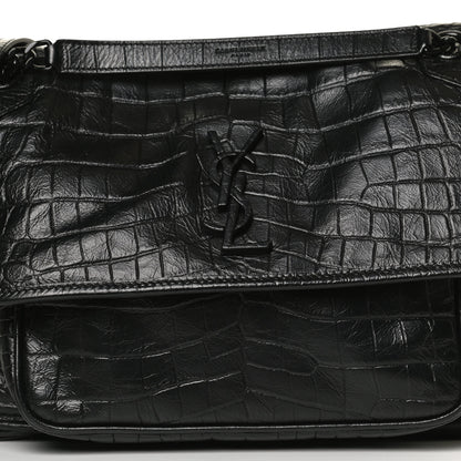 Saint Laurent Crocodile Embossed Lambskin Monogram Medium Niki Chain Satchel Black 9 of 11