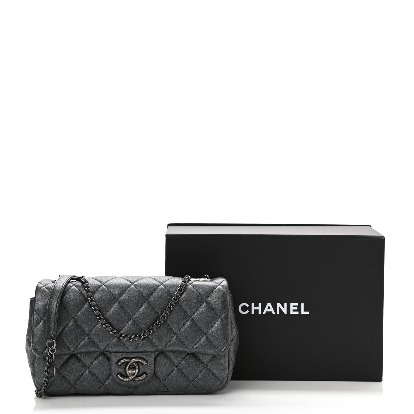 Metallic Calfskin Quilted Medium CC Eyelet Flap Dark Silver