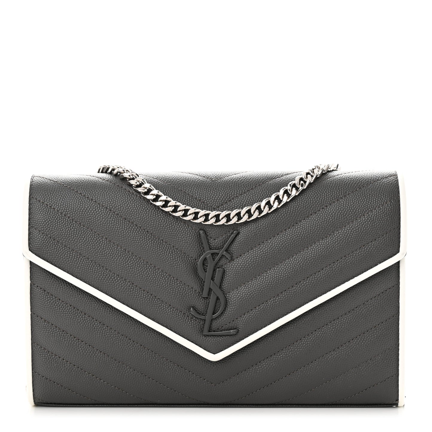 Grain De Poudre Matelasse Chevron Monogram Chain Wallet Grey White