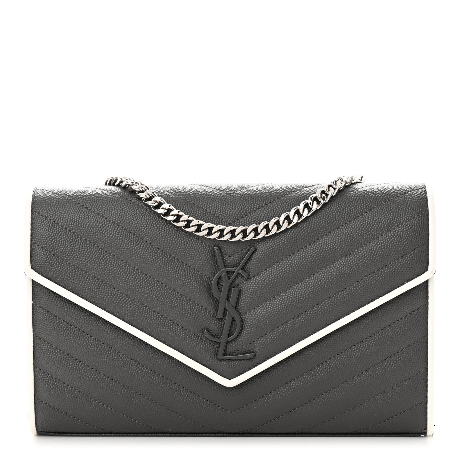 Saint Laurent Grain De Poudre Matelasse Chevron Monogram Chain Wallet Grey White 1 of 11