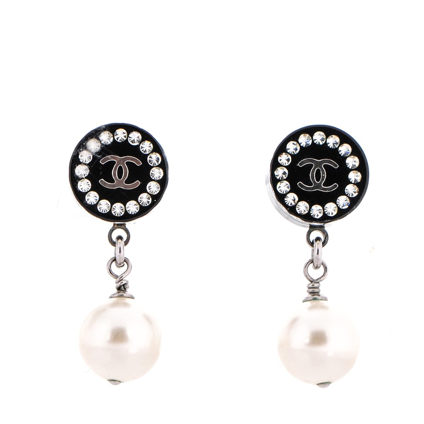 Resin Crystal Pearl CC Drop Earrings Black Silver