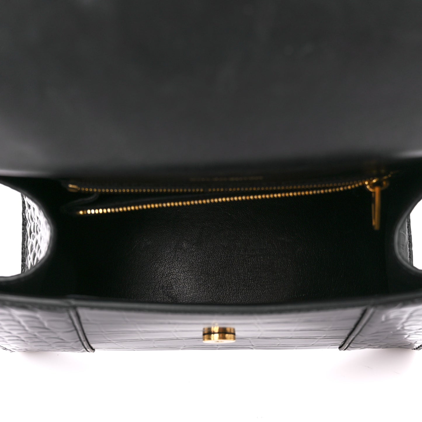 Shiny Calfskin Crocodile Embossed Small Hourglass Top Handle Bag Black