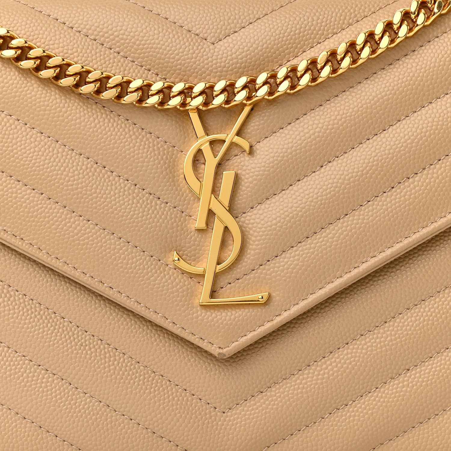 Saint Laurent Grain De Poudre Matelasse Chevron Monogram Chain Wallet Dark Beige 7 of 11